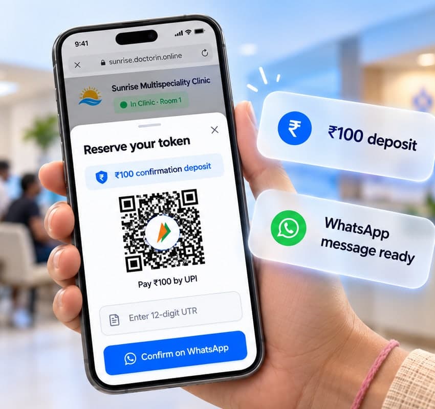 A patient's phone showing the booking sheet: Reserve your token with a ₹100 confirmation deposit, pay by UPI QR, enter the 12-digit UTR and confirm on WhatsApp. Cards beside it read ₹100 deposit and WhatsApp message ready.