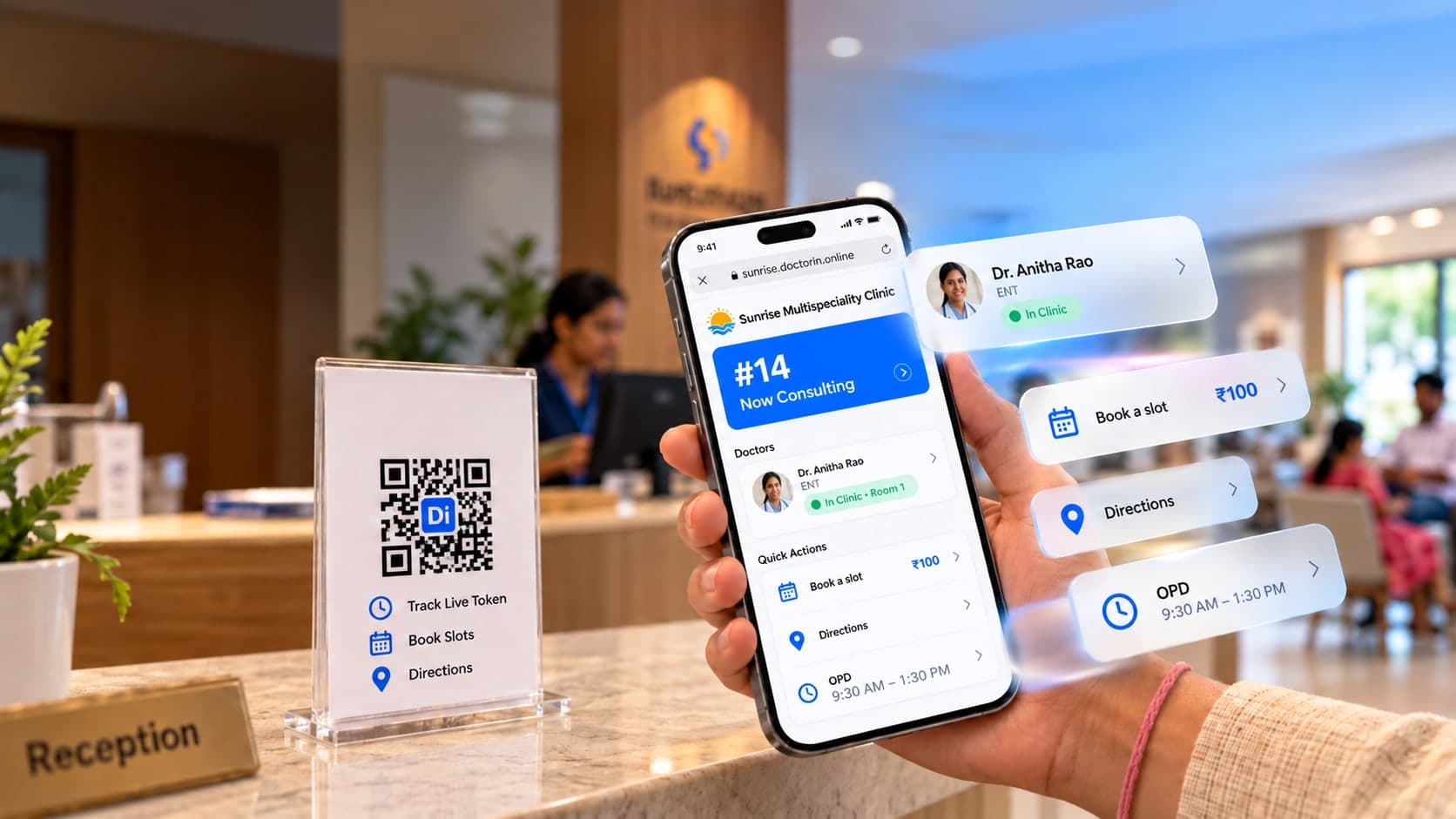 At a clinic reception, a patient holds a phone showing Sunrise Multispeciality Clinic's DoctorIn page: token 14 now consulting, Dr. Anitha Rao in clinic, book a slot for ₹100, directions and OPD 9:30 AM – 1:30 PM. A DoctorIn QR stand sits on the counter.