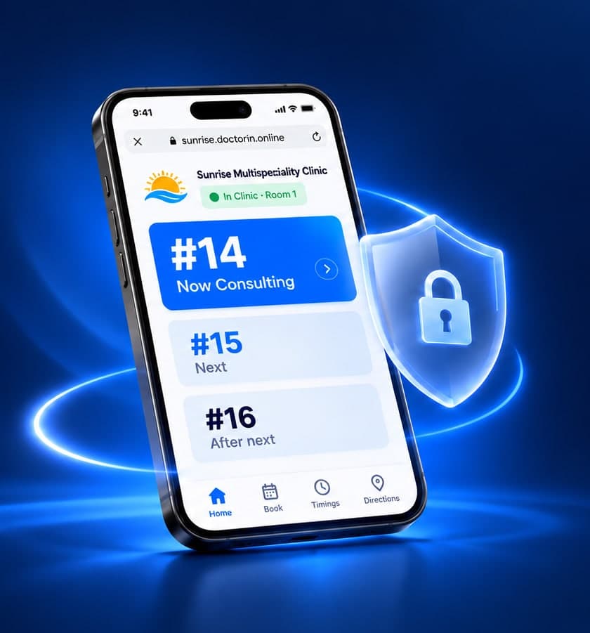 A phone showing the token board with only token numbers, #14 now consulting, #15 next and #16 after next, beside a lock shield.