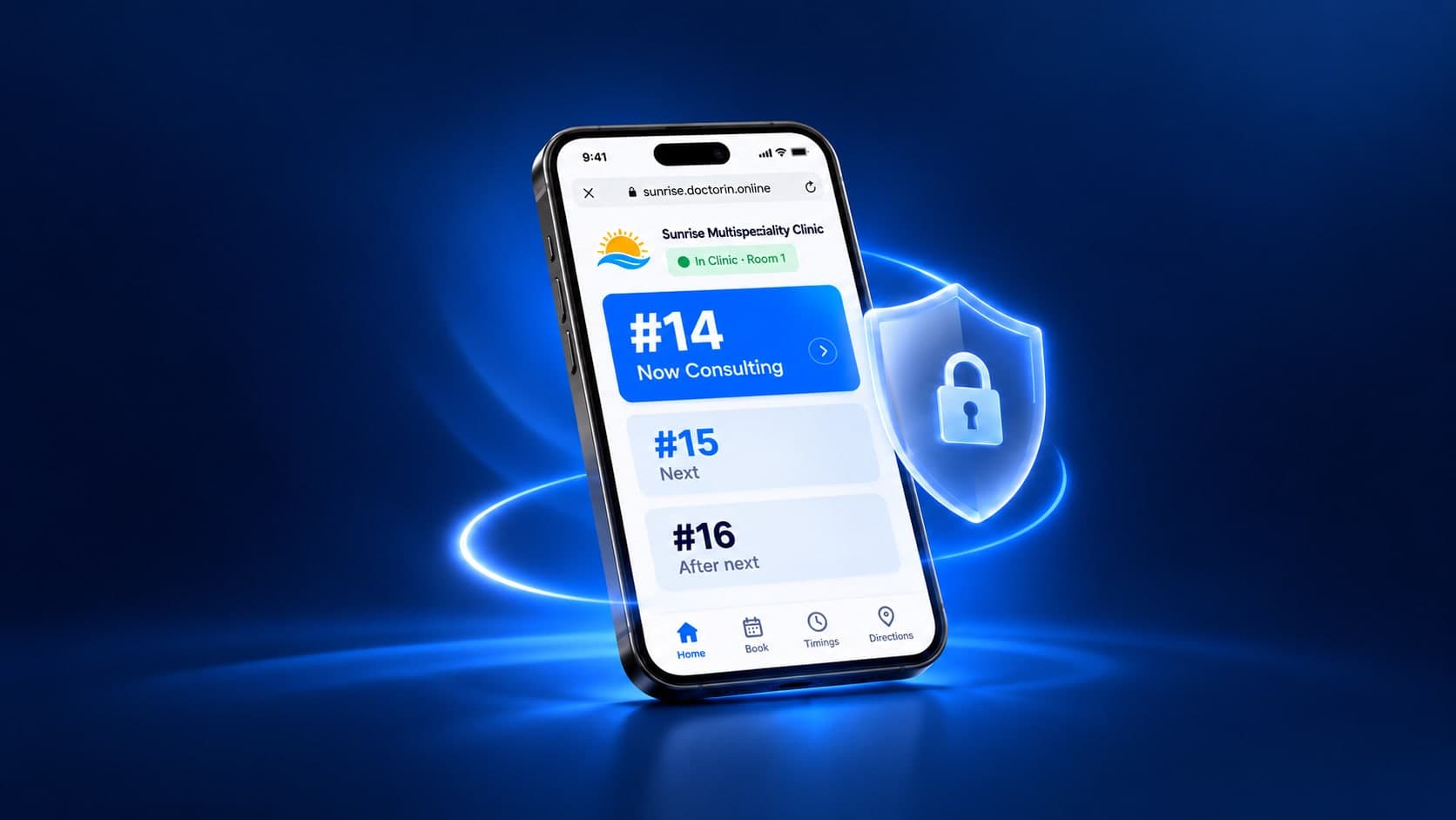 A phone showing the token board with only token numbers, #14 now consulting, #15 next and #16 after next, beside a lock shield.