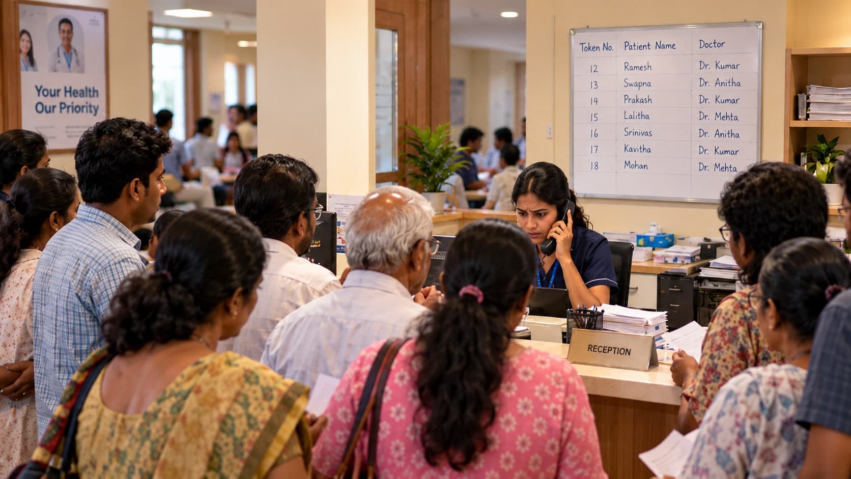 A crowded clinic reception: the receptionist is on the phone and patient names are written on a whiteboard.