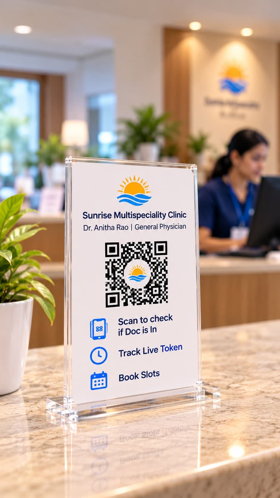 Acrylic QR stand on a marble reception counter, branded Sunrise Multispeciality Clinic, Dr. Anitha Rao, General Physician, with a QR code and the steps: scan to check if Doc is in, track live token, book slots.