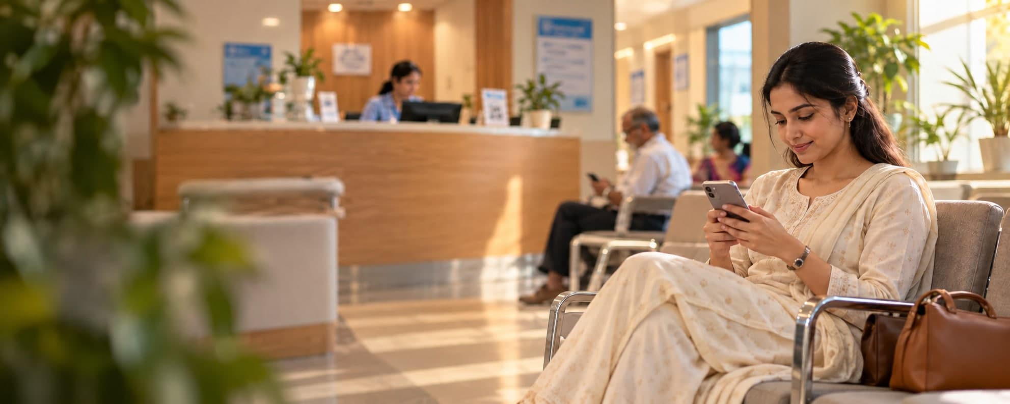 A calm clinic waiting room where a patient checks her phone while the receptionist works at the desk